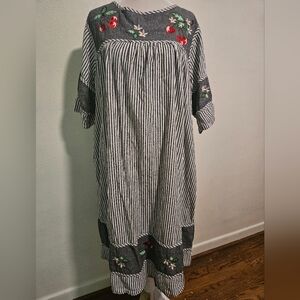 Embroidered Stripe Maxi HouseDress. With Pockets - Grey with Red Cherry Accents